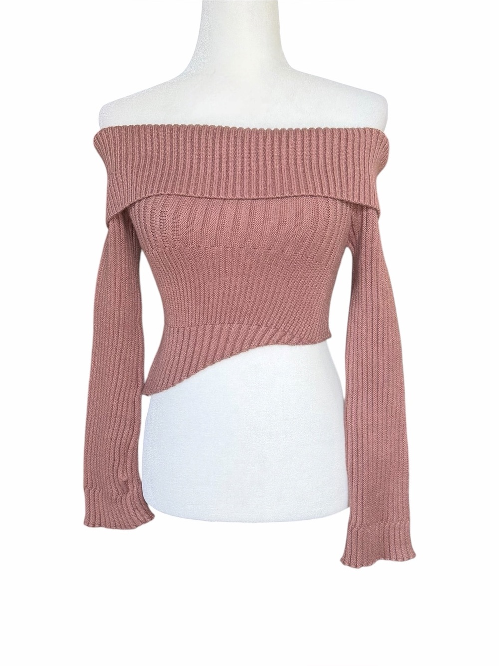 Brown Ribbed Off-Shoulder Asymmetrical Hem Cropped Sweater Size M